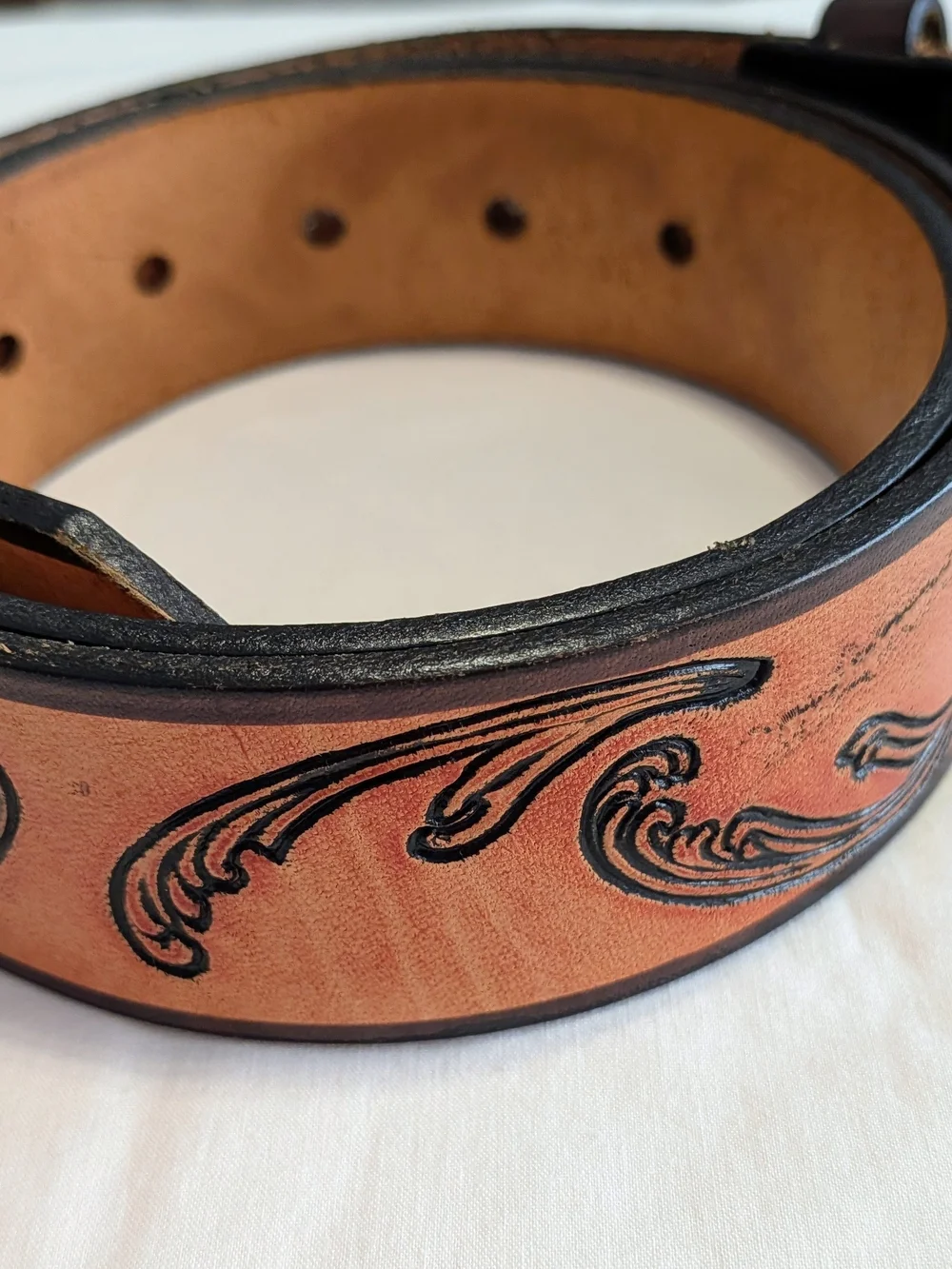 Express Men's Genuine Leather Tooled Western Belt Brown/Black Express Lg